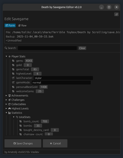 Screenshot of Death by Savegame Editor